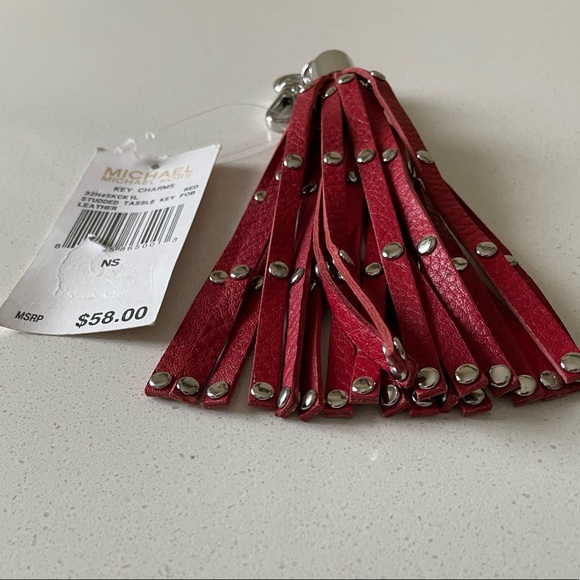 NWT Michael Kors Studded Tassel Key Chain Fob Bag Charm Silver/Red Leather - Picture 4 of 7